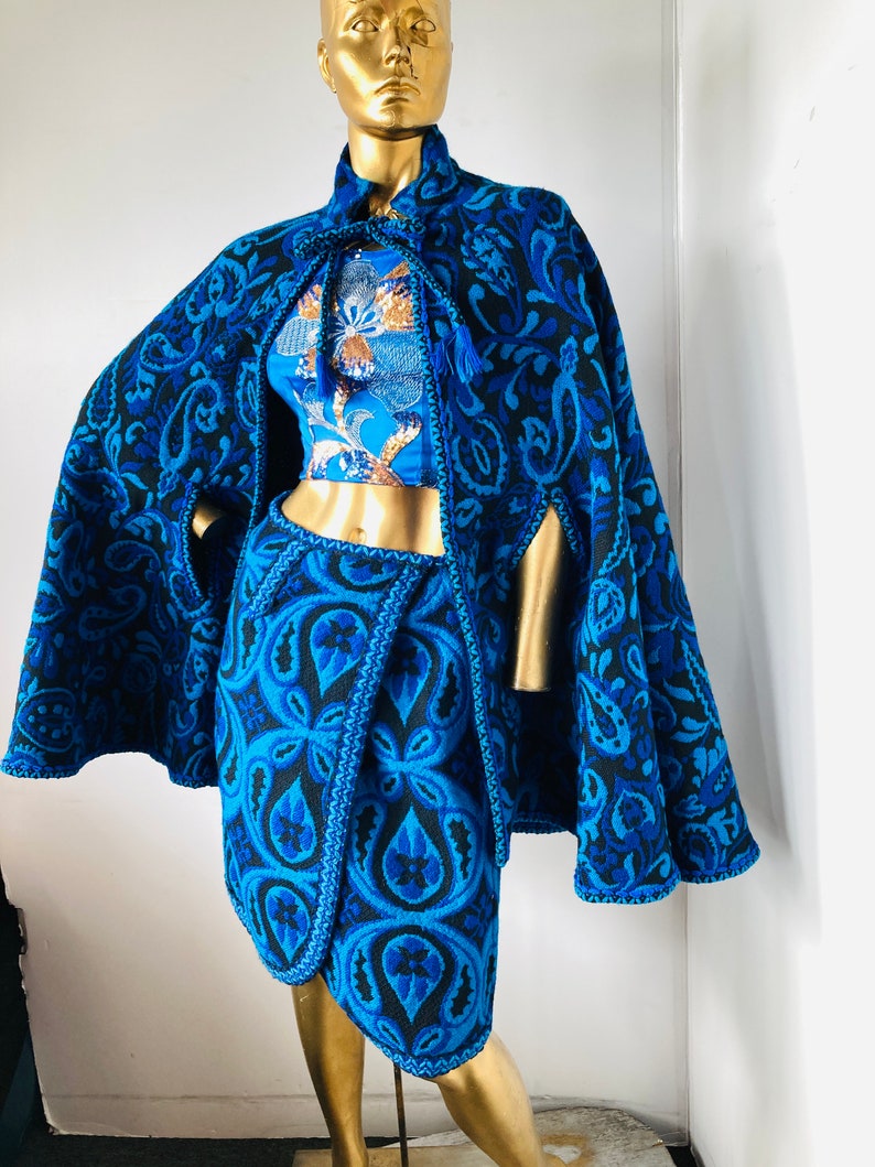 an amazing vintage 60s /70s cape and wrap skirt set-turquoise and black wool ,an unapologetically fabulous outfit image 1