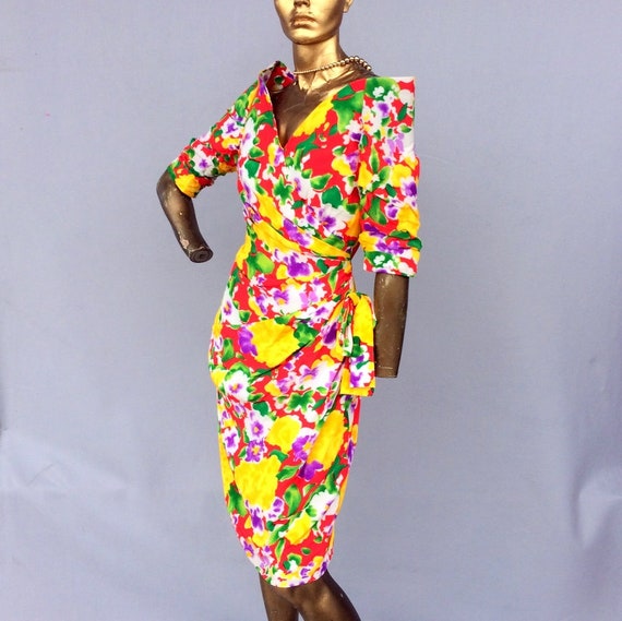 vintage 80s SCAASI floral print silk dress beauti… - image 3