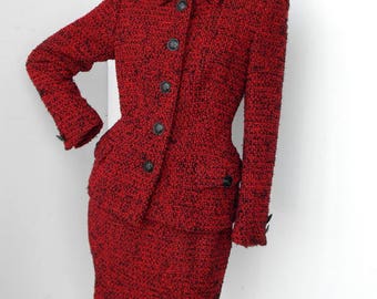 80s GIANNI VERSACE Couture vintage wool boucle skirt suit-fitted jacket pencil skirt-red and black-made in ITALY  sz 44