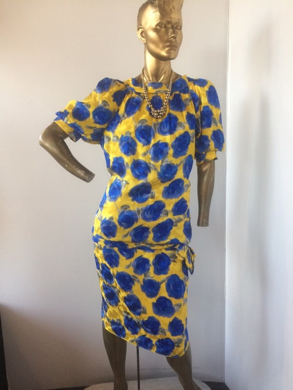 vintage 1980's yellow and blue silk 2 piece dress… - image 1