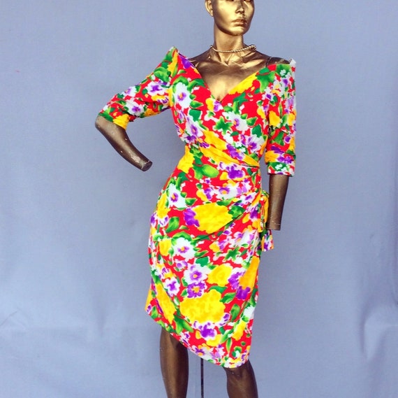 vintage 80s SCAASI floral print silk dress beauti… - image 1