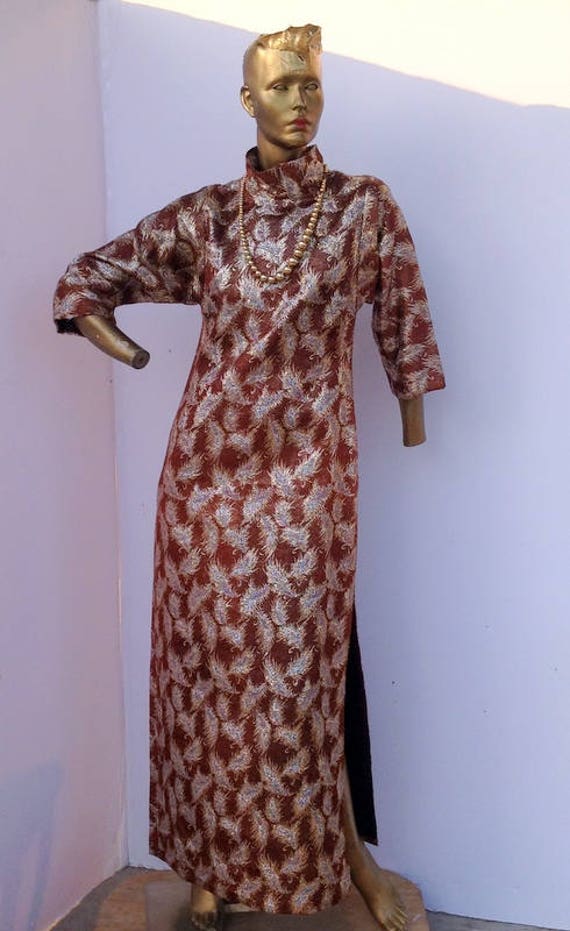 chic vintage 70s brocade dress.long column silhou… - image 1