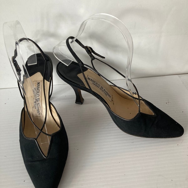 Manolo Blahnik vintage black satin shoes-high heel slingback shoes- string straps- these shoes are as polished they are wearable- sz 38