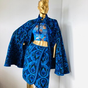 an amazing vintage 60s /70s cape and wrap skirt set-turquoise and black wool ,an unapologetically fabulous outfit image 3