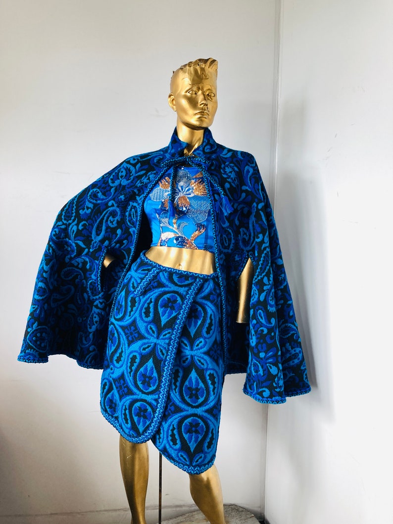 an amazing vintage 60s /70s cape and wrap skirt set-turquoise and black wool ,an unapologetically fabulous outfit image 3