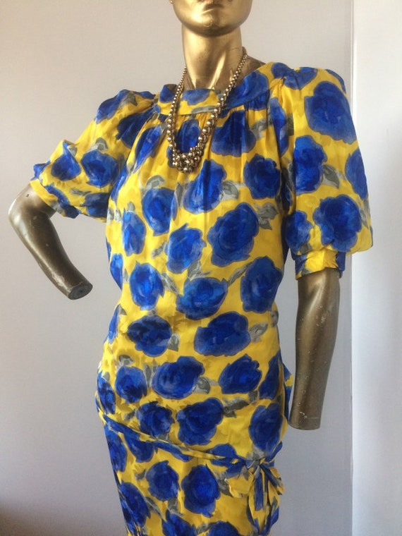 vintage 1980's yellow and blue silk 2 piece dress… - image 3