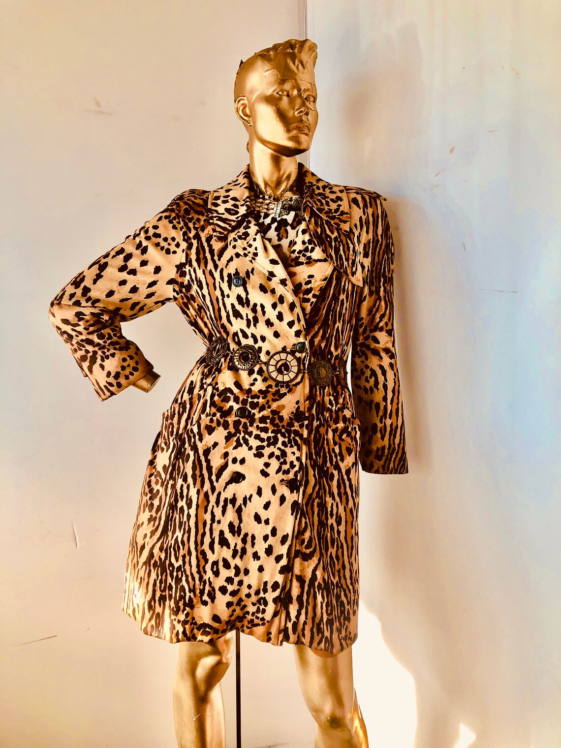Vintage 70s Animal Print Trench Coat, Double Breasted Knit (Sz M), photo 2 of 5