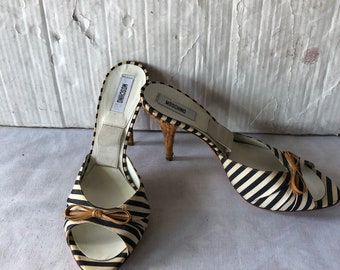 vintage MOSCHINO open toe high heel spring-o lator mules-striped cloth with leather bow made in ITALY  sz eu 39  or us 9