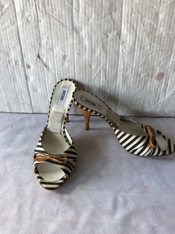 vintage MOSCHINO open toe high heel spring-o lator mules-striped cloth with leather bow made in ITALY  sz eu 39  or us 9