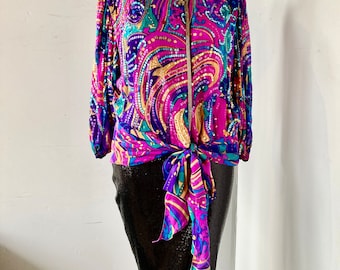 Judith Ann plus vintage blouse- 80s silk sequin and beaded multicolor top -stylish and elegant-perfect for special occasions -sz 2x