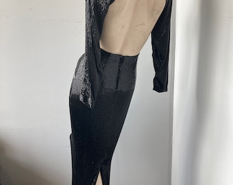 Vintage LILLIE RUBIN Beaded Evening Dress – 80s Black Cocktail Gown, Open Back