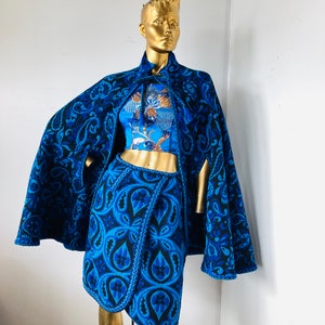 an amazing vintage 60s /70s cape and wrap skirt set-turquoise and black wool ,an unapologetically fabulous outfit image 9