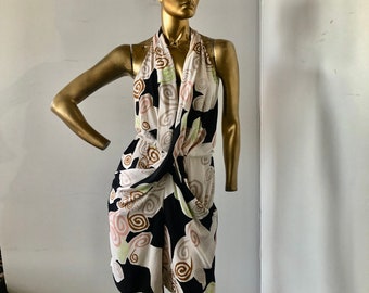 Diane von Furstenberg vintage silk jumpsuit -draped halter top with open sides-this bold abstract print is so graphic and eye catching-SZ 10