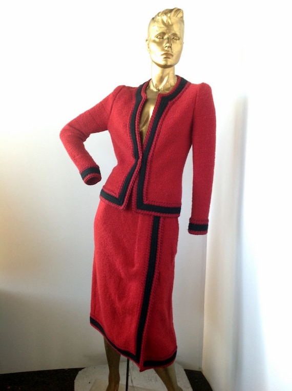 ADOLFO sz med vintage 80s red wool suit,trimed in