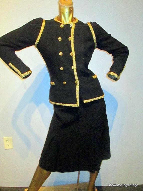 vintage 80s ADOLFO black and gold wool knit skirt