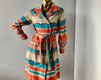 SZ 8 vintage JACK NEEDLEMAN 60s double breasted coat dress-mix color striped cotton and wool sateen-this coat will be a rewarded investment