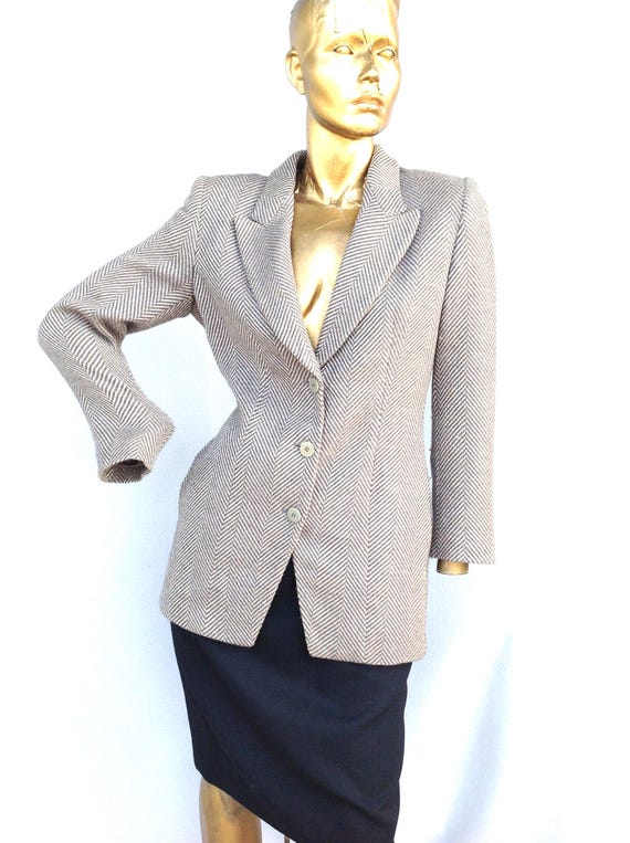 Vintage 90s Giorgio Armani Grey and Beige Wool Herringbone Jacket 