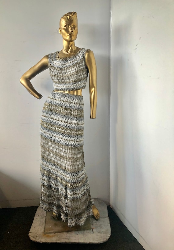 Sz s vintage long evening dress- silver and gold … - image 1