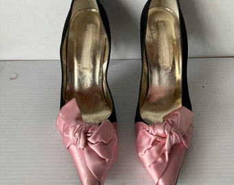 sz 38.5 CHRISTIAN LACROIX black pumps-black and pink satin high heel pumps- made in ITALY