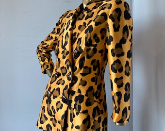 Jaqueta de seda vintage DAVID HAYES, blazer com estampa animal dos anos 90, fabricada nos EUA.