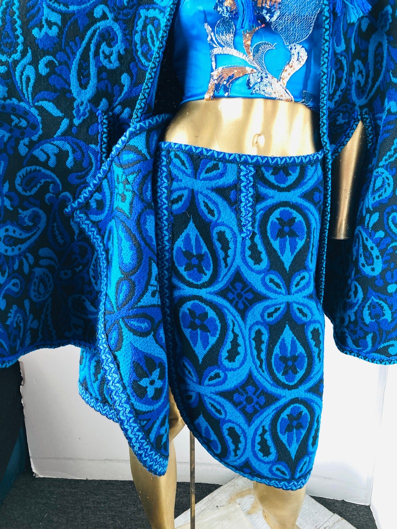 an amazing vintage 60s /70s cape and wrap skirt set-turquoise and black wool ,an unapologetically fabulous outfit image 7