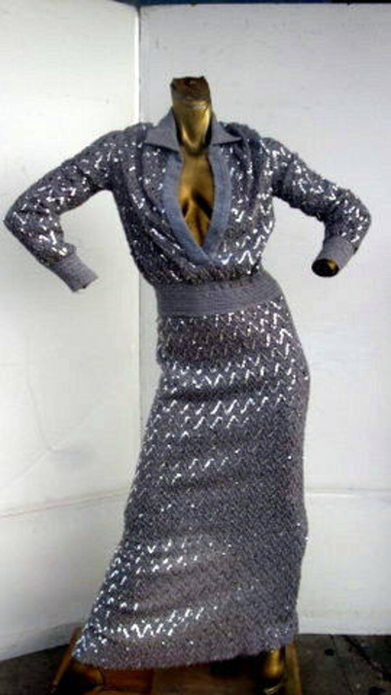 sz s vintage 70s grey sparkly two piece skirt and