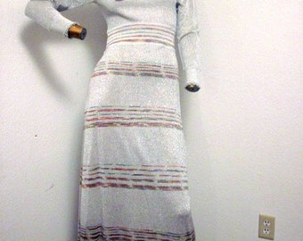 vintage dress, channeling Bianca Jagger in this beautiful  silver and mix colors matallic sweater knit goddes dress sz s/m