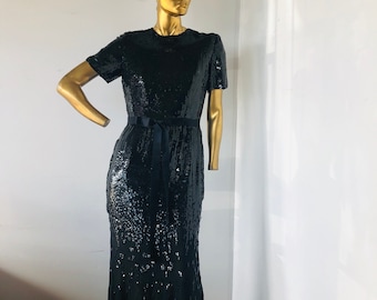 Vintage BILL BLASS Pailletten Abendkleid - 80er Jahre Schwarzes Seidenkleid