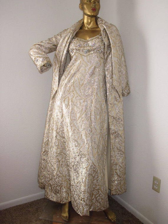 Vintage 60s Brocade Evening Dress & Coat Set: Beaded, Made in USA