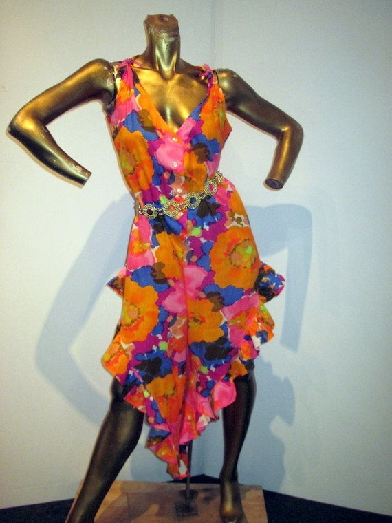vintage 70s bold floral print cotton ruffle jumpsu