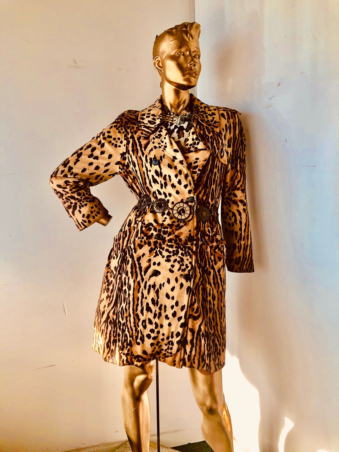 Vintage 70s Animal Print Trench Coat, Double Breasted Knit (Sz M), photo 1 of 5