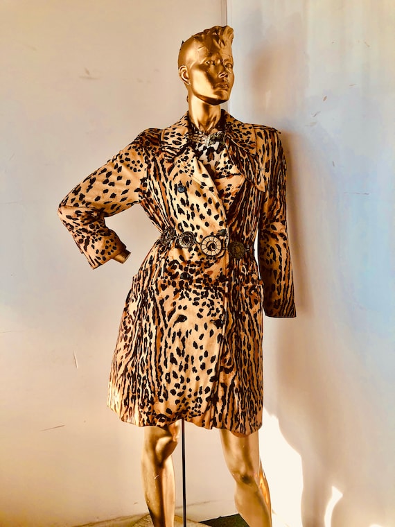 Vintage 70s Animal Print Trench Coat, Double Breasted Knit (Sz M)