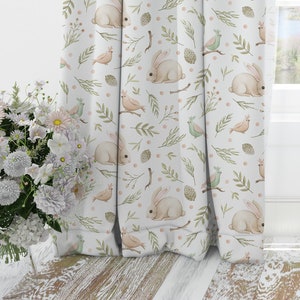 Bunnies curtains for living room or nursery, bunnies baby room curtains,  rabbits nursery curtains, sheer curtains, greenery leaves curtains