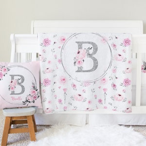 Floral Crib Bedding Set, Baby Girl Crib Bedding, Personalized Baby Blanket, Peonies Floral Nursery, Girl Nursery Bedding, Pink, Gray, Silver
