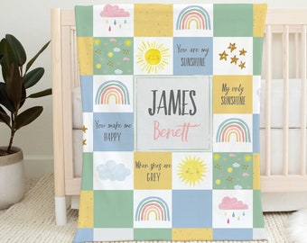 Personalized Baby blanket with rainbows and suns, You are my sunshine crib blanket, Neutral Baby blanket, Newborn Baby Shower Gift rainbows