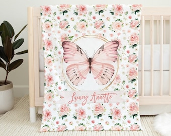 Manta de bebé con mariposas personalizada: decoración floral para habitación de niña