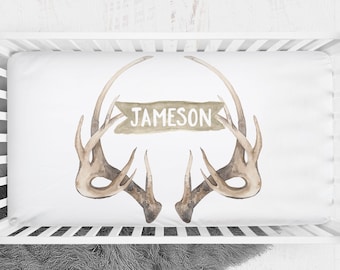 Crib sheet baby boy, Woodland custom nursery bedding, Antlers, buck deer personalized crib bedding, boy crib sheet, buck woodland nursery