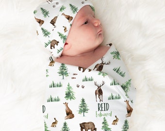 Woodland baby boy swaddle and beanie, baby shower gift for boy, gift for new mom, bear baby swaddle, personalized baby blanket, newborn gift