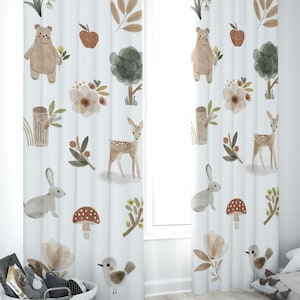 Modern Woodland Nursery Curtains, baby room curtains, bear, fox, deer, buck nursery curtains, woodland baby Nursery, Woodland Window Panel