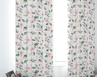 Cottage Styled Floral Window Curtain Panels, White Pink Roses Garden Semi-Opaque Curtains, Watercolor Baby Room Curtain, Nursery Curtains