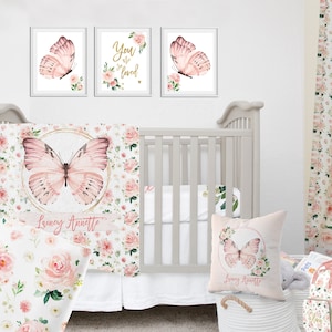 Butterfly Crib Bedding Set, Baby Girl Crib Bedding, Butterfly Personalized Baby Girl Blanket, Butterfly Nursery Gold Pink Crib Bedding