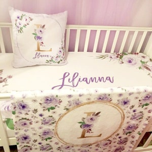 floral purple nursery baby girl bedding set, girl custom personalized crib sheet, gift for newborn girl, personalized baby shower gift