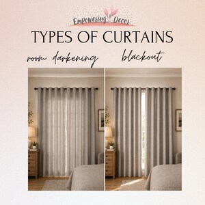 The image is a collage of two photographs, each depicting a different type of curtain: a room with a darkening curtain and a room with a blackout curtain.