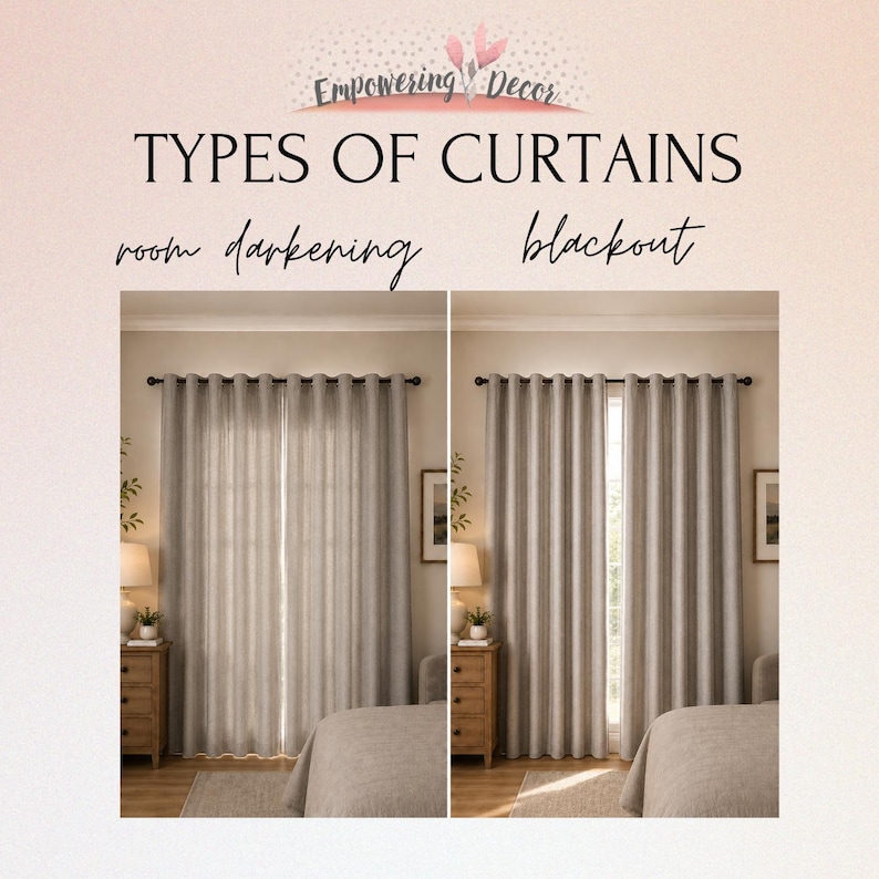 The image is a collage of two photographs, each depicting a different type of curtain: a room with a darkening curtain and a room with a blackout curtain.