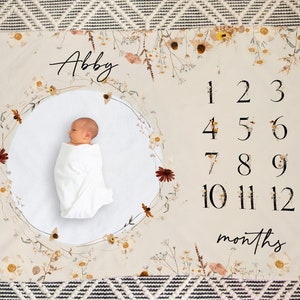 Flores silvestres Milestone manta niña, manta floral neutral del mes del bebé, regalo personalizado de la ducha de la niña, guardería de la niña, regalo de la nueva mamá