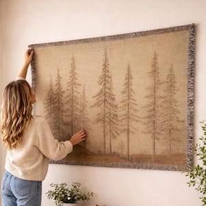 Neutral Forest Tapestry Wall Hanging, Rustic Pine Tree Wall Art, Beige Nature Tapestry, Boho Living Room Decor, Woodland Wall Decor