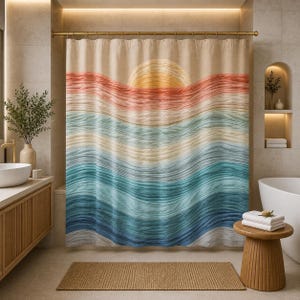 Boho Sunset Waves Shower Curtain, Coastal Ocean Sunrise Bathroom Decor, Pastel Abstract Bath Curtain, Modern Beach Art