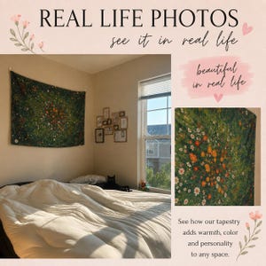 Tapiz de prado de flores silvestres, tapiz floral verde, tapiz botánico, decoración de habitación estilo cottagecore, arte mural natural, tapiz bohemio para dormitorio imagen 4
