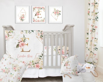 Baby Girl Roses Bedding Set, Floral Monogram Crib Bedding Set, Roses Bedding Set, Roses and Gold elements Baby Girl  Nursery, Baby Blanket