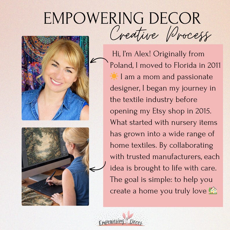 The image is a collage featuring two photos of a woman, one of her working on a computer and the other of her working on a textile project. The text provides information about the woman's background and her creative process, highlighting her passion for textile design and her journey as a mother and designer.